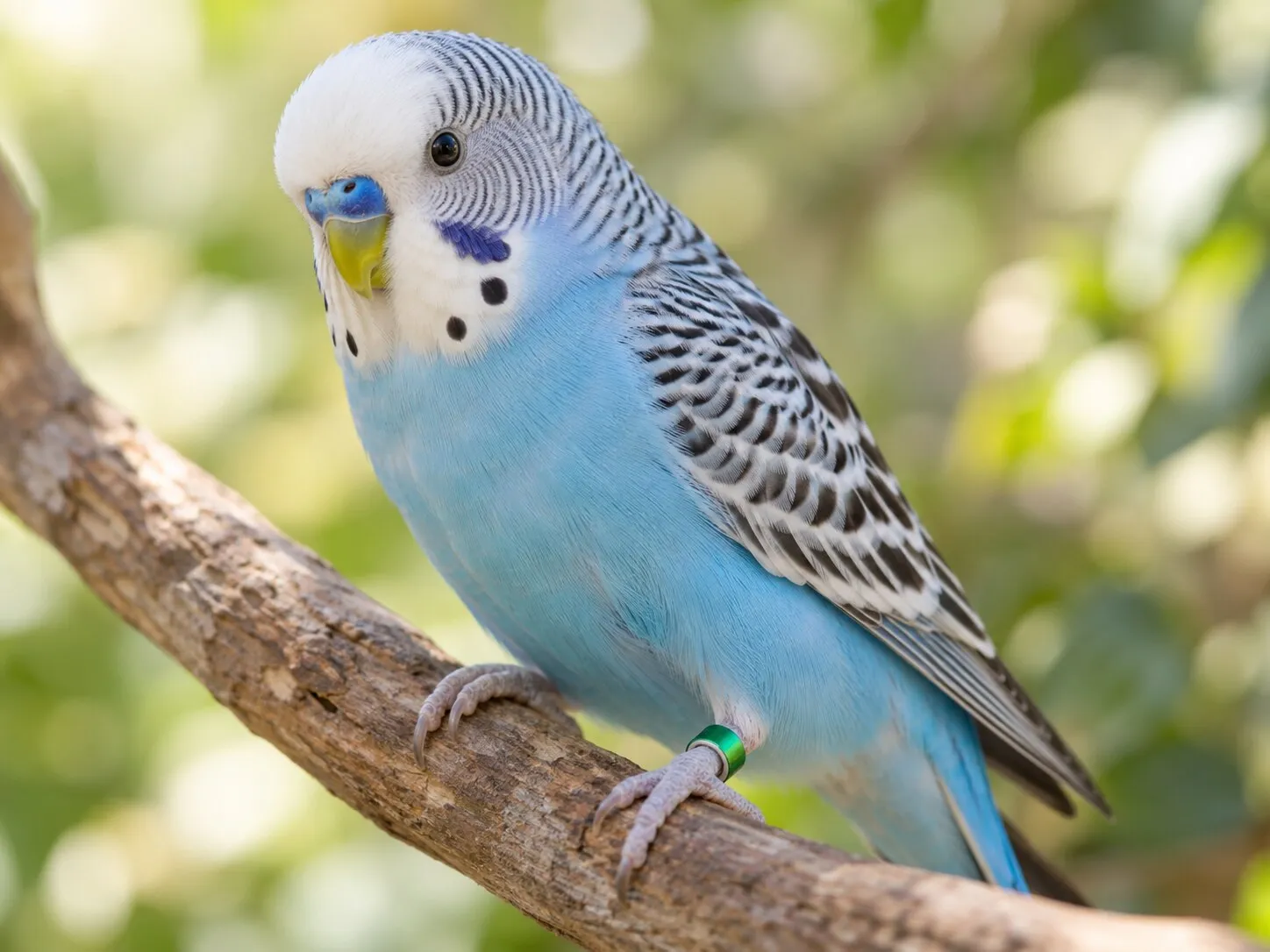 A sky-blue budgerigar on a branch wearing a green closed leg band