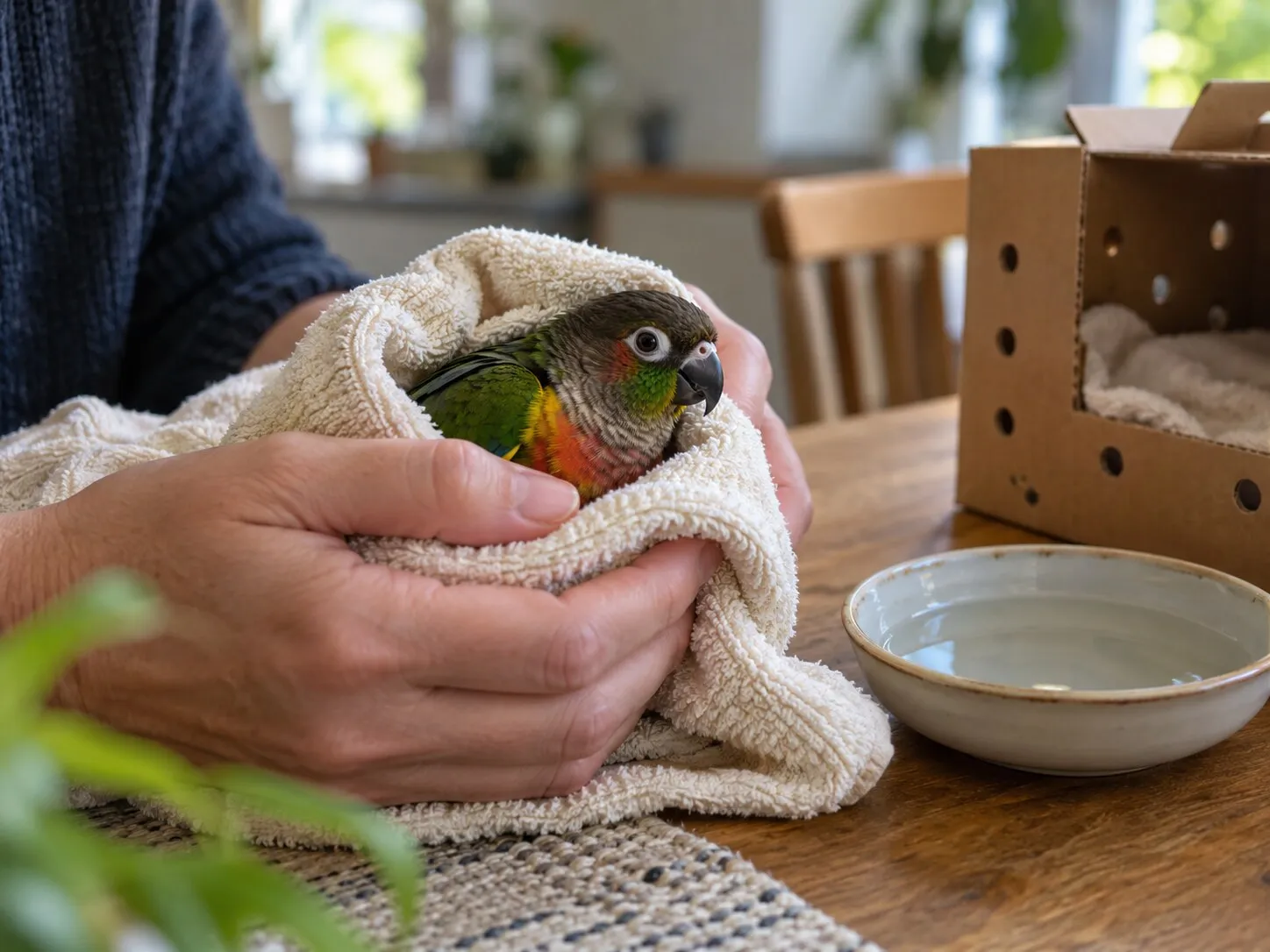 Hands gently holding a green-cheeked conure wrapped in a towel, beside a ventilated box and a dish of water